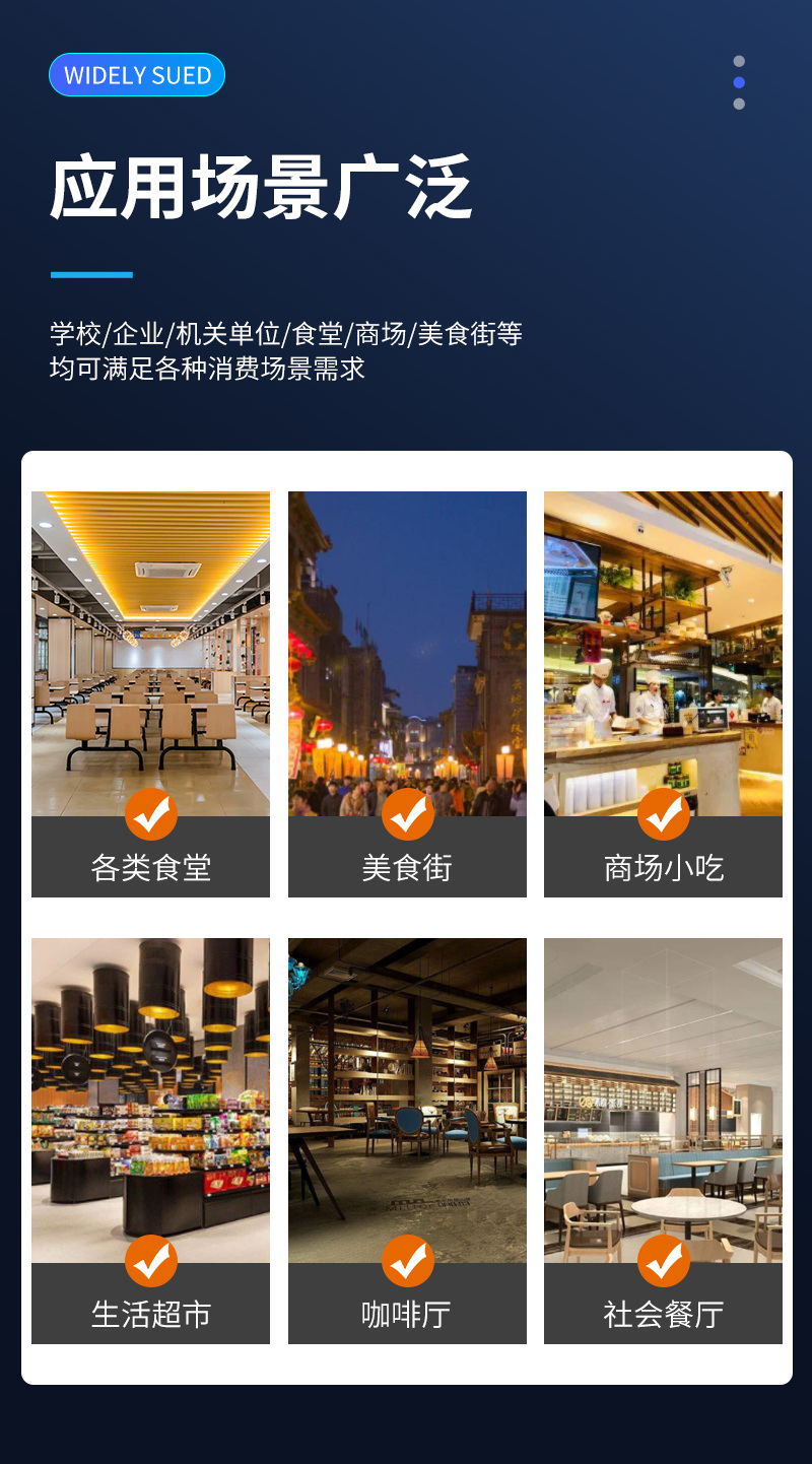 應(yīng)用場(chǎng)景廣泛,學(xué)校、企業(yè)、機(jī)關(guān)單位、食堂、商場(chǎng)、美食街等,均可滿足各類消費(fèi)場(chǎng)景需求
