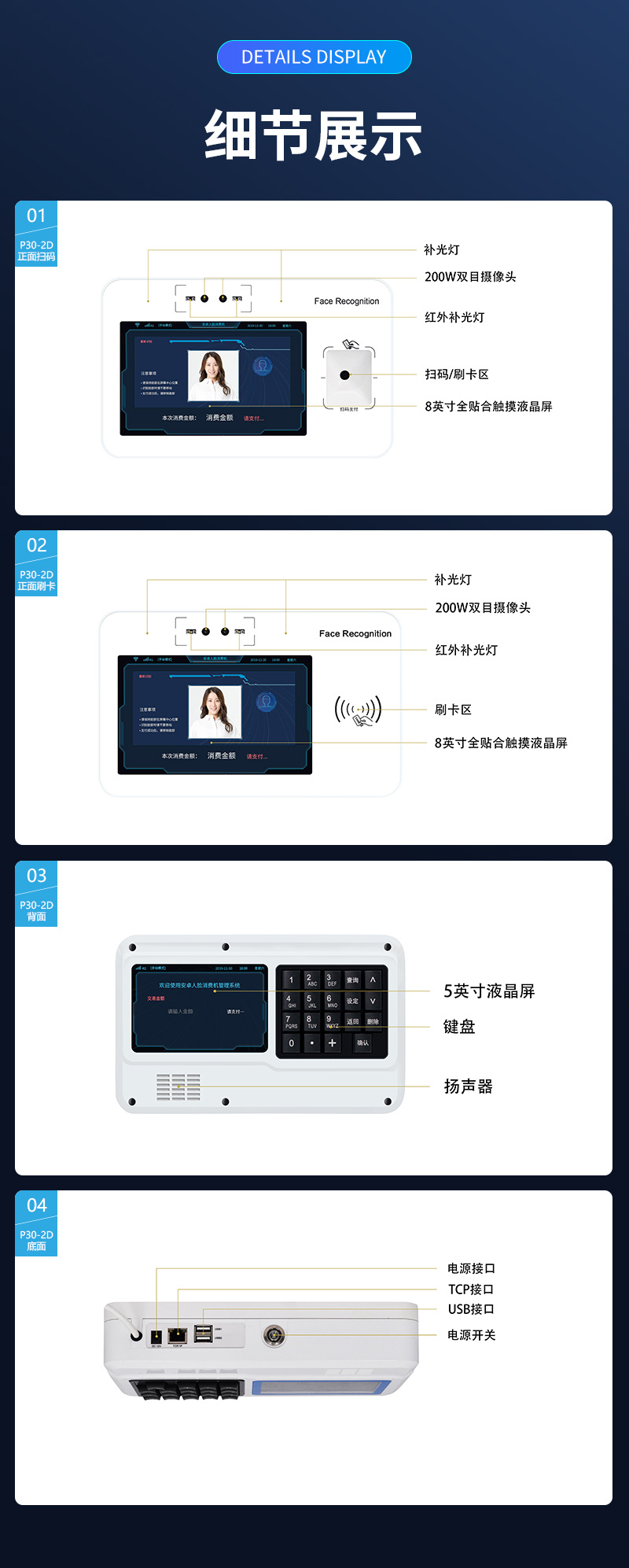 細(xì)節(jié)展示,正面、背面、底面,補(bǔ)光燈,200W雙目攝像頭,紅外補(bǔ)光燈,掃碼/刷卡區(qū),8英寸全貼合觸控液晶屏,5英寸液晶屏,鍵盤,揚(yáng)聲器,電源接口,TCP接口,USB接口,電源開關(guān)