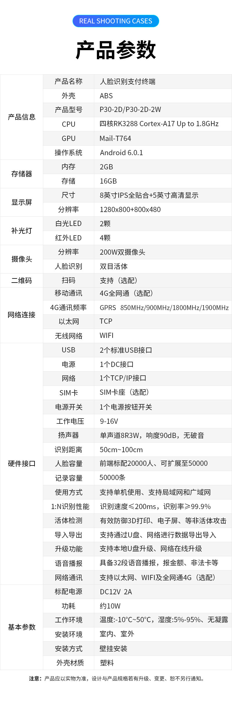 產(chǎn)品參數(shù),產(chǎn)品名稱：人臉識(shí)別支付終端,外殼：ABS塑料,產(chǎn)品型號(hào)：P30-2D/P30-2D-2W,CPU：四核RK3288 Cortex-A17 Up to 1.8GHz,GPU：Mail-T764,操作系統(tǒng)：Android 6.0.1,內(nèi)存：2GB,存儲(chǔ)：16GB,顯示屏尺寸：8英寸IPS全貼合＋5英寸高清顯示,分辨率：1280×800＋800×480,補(bǔ)光燈:白光LED2顆,紅外LED	4顆,攝像頭分辨率：200W雙目攝像頭,人臉識(shí)別：雙目活體，二維碼：掃碼支持（選配）,網(wǎng)絡(luò)連接移動(dòng)通訊：4G全網(wǎng)通（選配）,4G通訊頻率：GPRS?850MHz?/900MHz?/1800MHz?/1900MHz,以太網(wǎng)：TCP,無線網(wǎng)絡(luò)：WIFI,硬件接口USB：2個(gè)標(biāo)準(zhǔn)USB接口,電源：1個(gè)DC接口,網(wǎng)絡(luò)：1個(gè)TCP/IP接口,SIM卡:SIM卡座（選配）,電源開關(guān)：1個(gè)電源按鈕開關(guān),工作電壓：9-16V,揚(yáng)聲器：?jiǎn)温暤?R3W，響度90dB，無破音,識(shí)別距離：50cm～100cm ,人臉容量：前端標(biāo)配20000人、可擴(kuò)展至50000，支持超大容量后端識(shí)別,記錄容量：50000條,使用方式：支持單機(jī)使用、支持局域網(wǎng)和廣域網(wǎng),1:N識(shí)別性能：識(shí)別速度≤200mS，識(shí)別率≥99.9%,活體檢測(cè)：有效防御3D打印、電子屏、視頻、圖片、面具等非活體攻擊,導(dǎo)入導(dǎo)出：支持通過U盤、網(wǎng)絡(luò)進(jìn)行數(shù)據(jù)及參數(shù)導(dǎo)入導(dǎo)出,升級(jí)功能：支持本地U盤升級(jí)、網(wǎng)絡(luò)在線升級(jí),語音播報(bào)：具備32段語音播報(bào)，報(bào)金額，報(bào)限次，報(bào)非法卡等,網(wǎng)絡(luò)通訊：支持以太網(wǎng)、WIFI及全網(wǎng)通4G（選配）, 基本參數(shù)標(biāo)配電源：DC12V 2A,功耗：約10W,工作環(huán)境：溫度：-10℃～50℃，濕度：5％-95％、無凝露,安裝環(huán)境：室內(nèi)、室外,安裝方式：壁掛安裝,外殼材質(zhì)：塑料,注意：產(chǎn)品應(yīng)以實(shí)物為準(zhǔn)，設(shè)計(jì)與產(chǎn)品規(guī)格若有升級(jí)、變更，恕不另行通知。