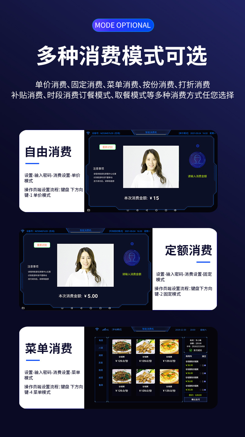 多種消費(fèi)模式，單價(jià)消費(fèi)、固定消費(fèi)、菜單消費(fèi)、按份消費(fèi)、打折消費(fèi)